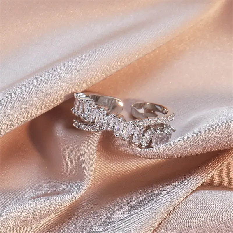 Luxury Zircon Shiny Chic Resizable Double Student Opening Rings for Woman Silver Color Gothic Finger Jewelry Wedding Party