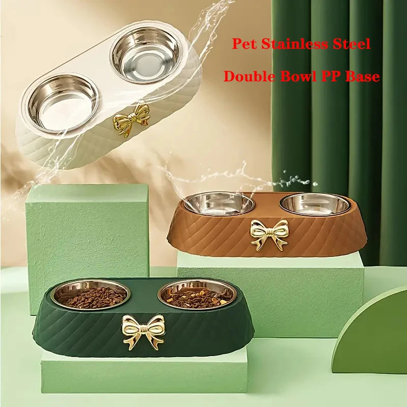 Pet Supplies Bow-tie Bowknot Cats Food Bowl PP Base Dog Bowl Stainless Steel Double Pet Accessories Feeding Drinking Double Bowl