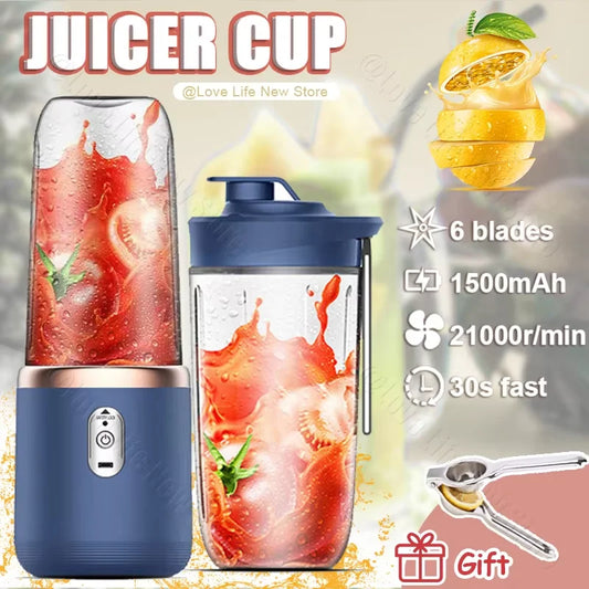 USB Electric Juicer 6 Blades Smoothie Blender Portable Wireless Mini Charging Fruit Juicer Ice CrushCup Food Processor