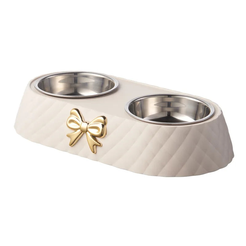 Pet Supplies Bow-tie Bowknot Cats Food Bowl PP Base Dog Bowl Stainless Steel Double Pet Accessories Feeding Drinking Double Bowl