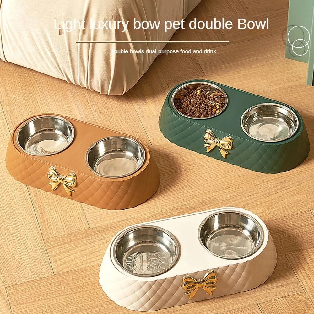 Pet Supplies Bow-tie Bowknot Cats Food Bowl PP Base Dog Bowl Stainless Steel Double Pet Accessories Feeding Drinking Double Bowl