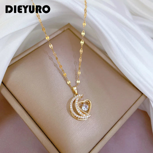 DIEYURO 316L Stainless Steel Moon Heart Pendant Necklace For Women New Trend Girls Fine Chain Birthday Jewelry Gifts Bijoux