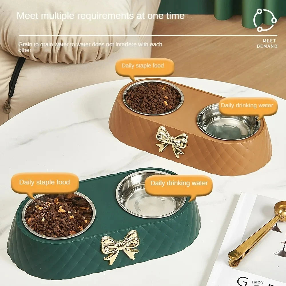 Pet Supplies Bow-tie Bowknot Cats Food Bowl PP Base Dog Bowl Stainless Steel Double Pet Accessories Feeding Drinking Double Bowl