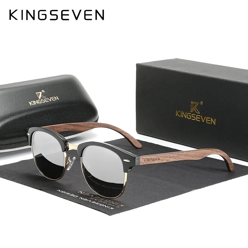 KINGSEVEN Sunglasses For Men Polarized Handmade Glasses UV400 Walnut Wooden Women Leisure Glasses Fishing Driving Unisex